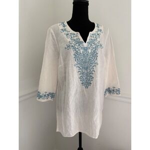 Norm Thompson off White Linen Blend Embroidered Tunic Top Blue Scroll Sz M
